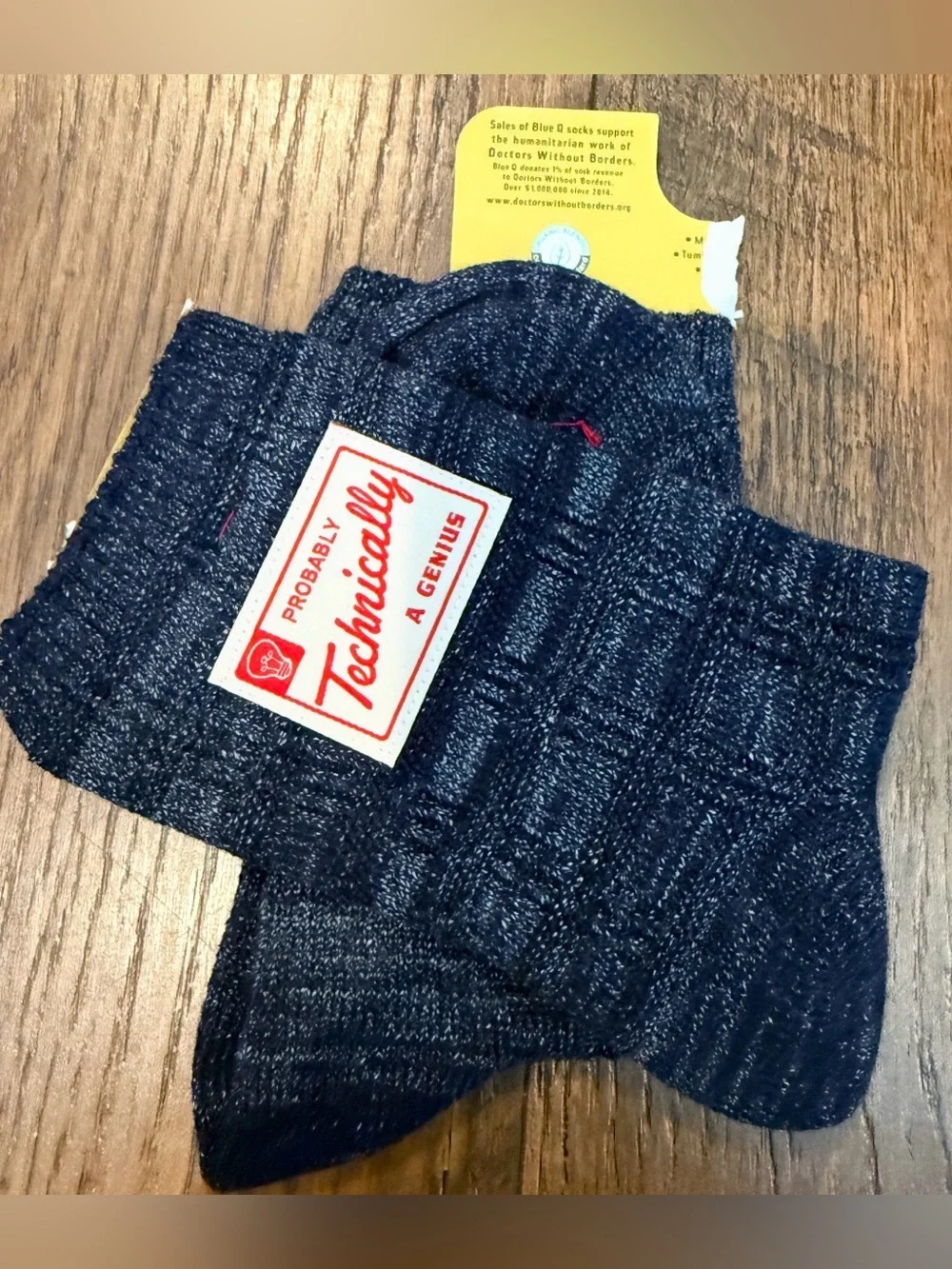 NWT BLUE Q SOCKS, Organically Grown Cotton, “Probably Technically A Genius” S/M